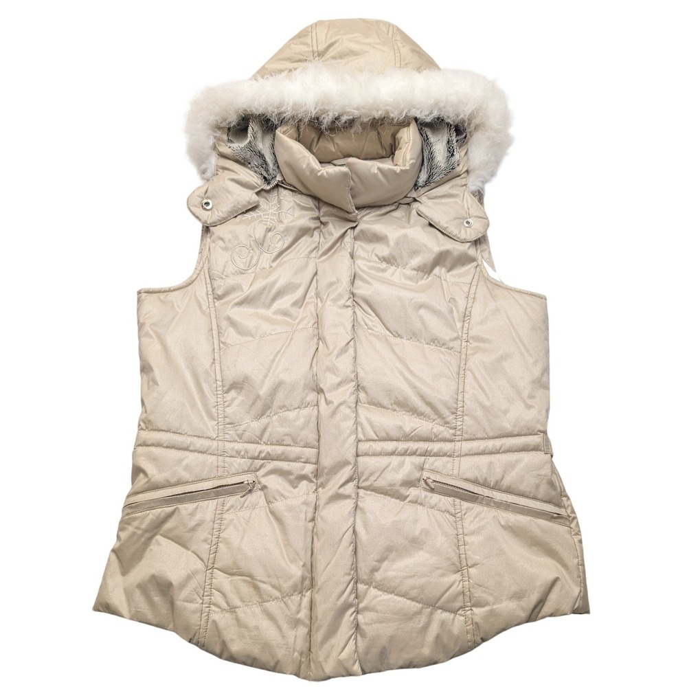 Tsunami Puffer Vest Women Medium Beige Faux Fur Hood Quilted Zip Up 12504